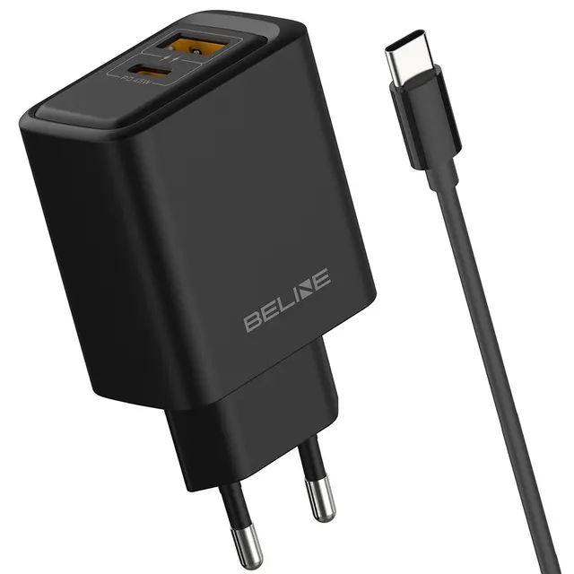 Ładowarka sieciowa Beline 45W 1xUSB-C + 1xUSB GaN PD 3.0 QC 3.0 + kabel USB-C/USB-C - czarna