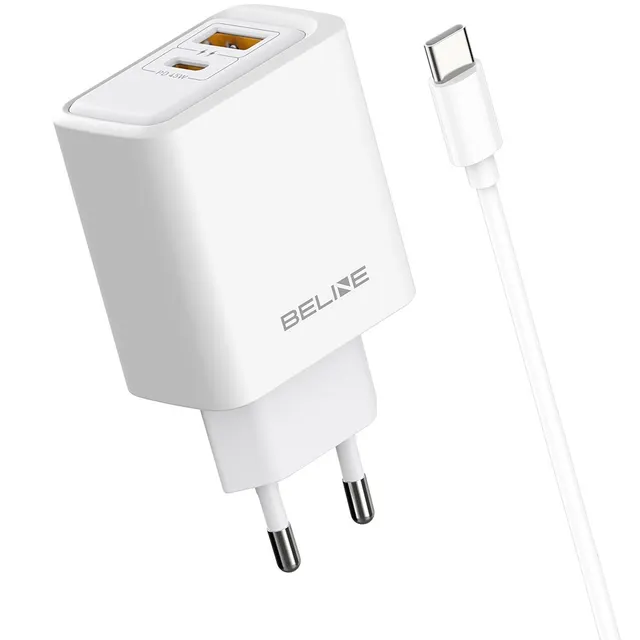 Ładowarka sieciowa Beline 45W 1xUSB-C + 1xUSB GaN PD 3.0 QC 3.0 + kabel USB-C/USB-C - biała