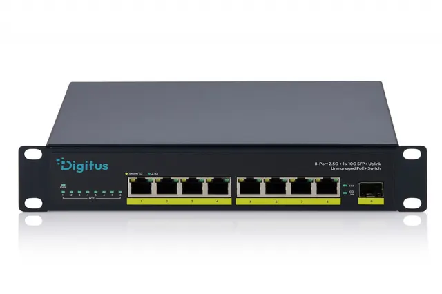 Przełącznik sieciowy niezarządzalny PoE+ 10" 8x RJ45 2.5G, 1x SFP+ 10G, 60Gbps, budżet 80W, 802.3af/at, metalowy, bez wentylatora, Plug&Play