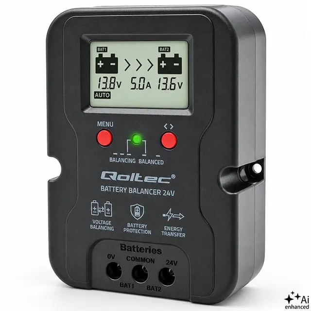 Balanser napięcia Qoltec 24V do akumulatorów 2x12V, 5A, LiFePO4 AGM GEL, LCD