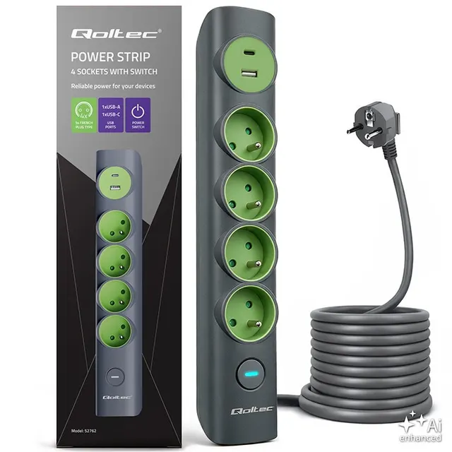 Listwa zasilająca Qoltec 4 gniazda z uziemieniem, 1xUSB-C 15W, 1xUSB 12W