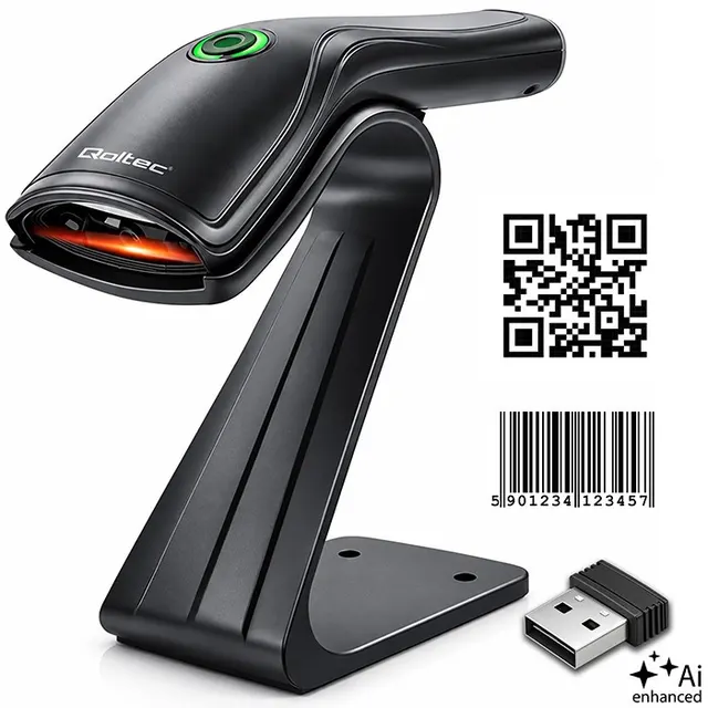 Czytnik kodów kreskowych Qoltec 1D 2D + stojak na skaner, QR, EAN, BT, USB
