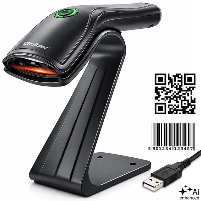 Czytnik kodów kreskowych Qoltec 1D 2D + stojak na skaner, QR, EAN, USB