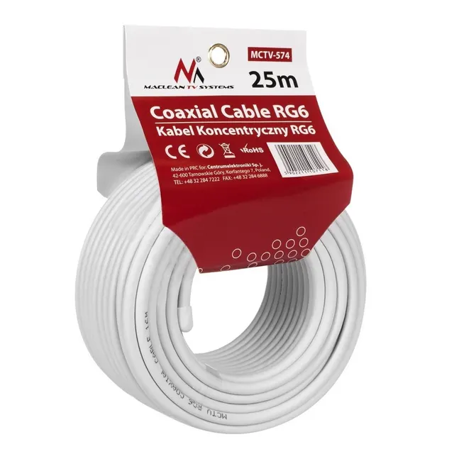 Kabel koncentryczny Maclean MCTV-574 satelitarny, antenowy 1.0CCS RG6 25m