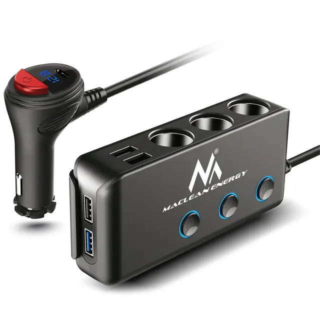 Rozdzielacz gniazda zapalniczki samochodowej Maclean MCE218 3 gniazda zapalniczki, 1xQuick Charge 3.0, 2xUSB 2xUSB C 6,8A, 1x Power Delivery 18W, max