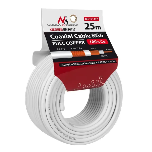 Kabel koncentryczny Maclean MCTV-470 satelitarny, antenowy RG6 25M 1.02CU+4.8FPE+CU/P+32*0.12CU+6.8PVC