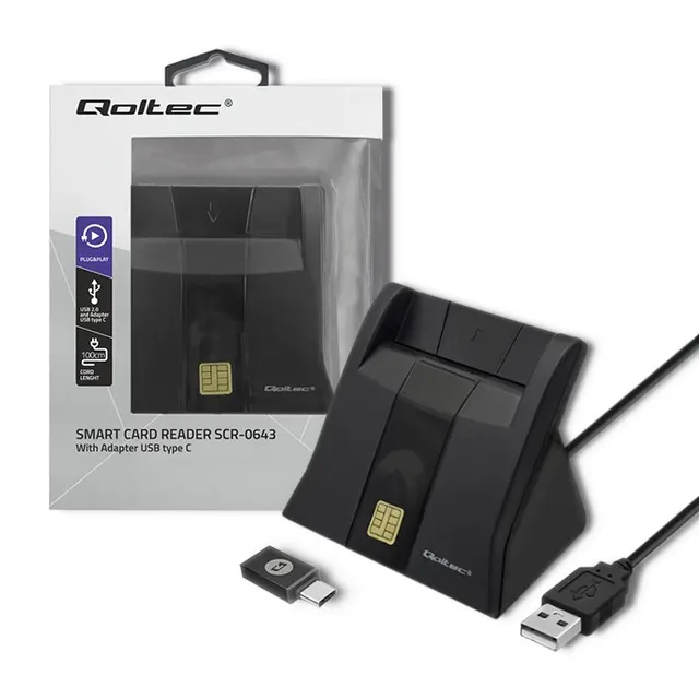 Czytnik kart chipowych ID Qoltec SCR-0643, USB 2.0 + adapter USB-C