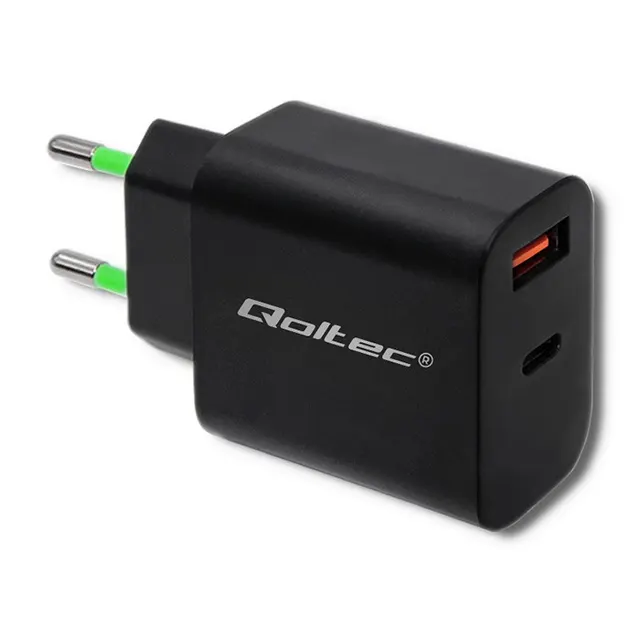 Ładowarka sieciowa Qoltec 18W, 5-12V, 1.5-3A, USB typ C PD, USB QC 3.0, Czarna