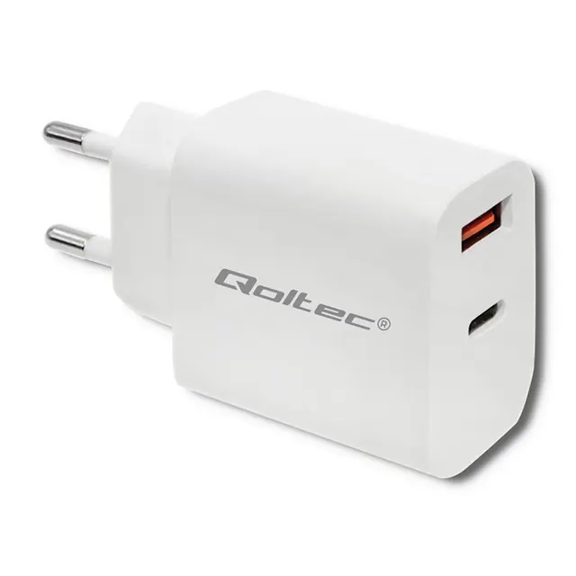 Ładowarka sieciowa Qoltec 18W, 5-12V, 1.5-3A, USB typ C PD, USB QC 3.0, Biała