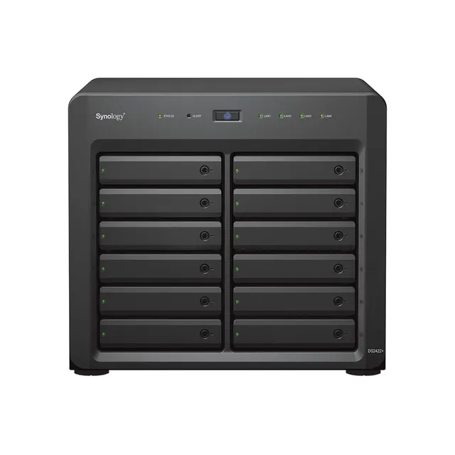 NAS Synology DS2422+; Tower; 12x (3.5 SATA HDD/2.5 SATA HDD/2.5 SATA SSD); AMD Ryzen V1500B; 4 GB DDR4 (max. 32GB) 4 x 1GbE RJ-45