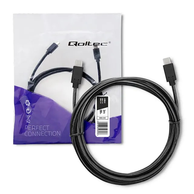 Kabel USB Qoltec 3.1 typ C męski, USB 3.1 typ C męski, 3m, Czarny
