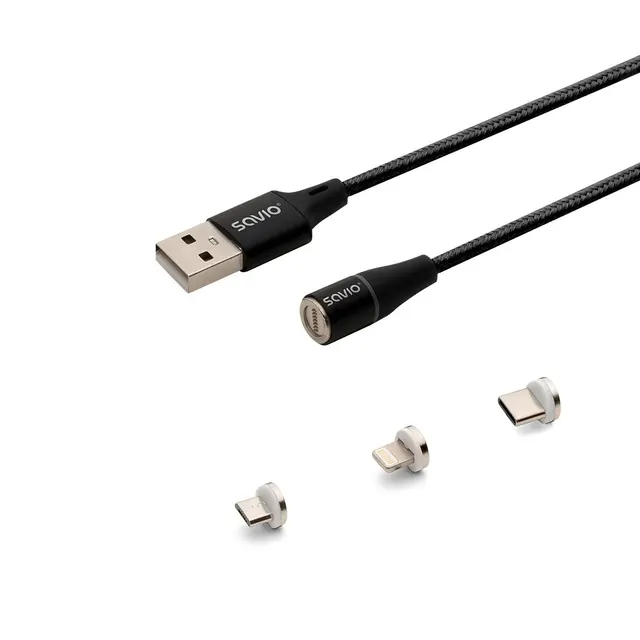 Kabel USB 2.0 SAVIO CL-152 USB – USB Typ C, Micro i Lightning, QC i PD 3.0, magnetyczny, 1m, czarny