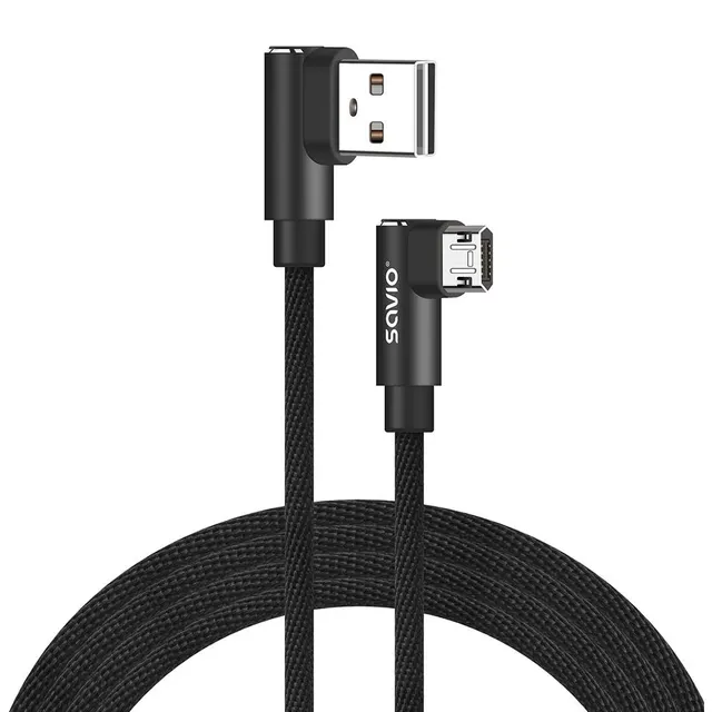 Kabel USB SAVIO CL-162 USB A (M) - Micro USB (M), 2m, kątowy, dwustronny, oplot nylonowy