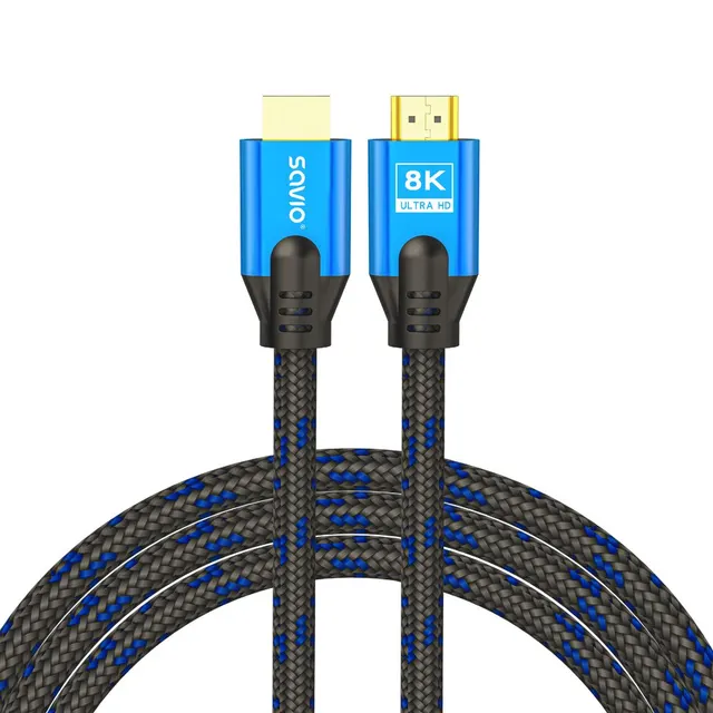 Kabel HDMI v2.1 Savio CL-143 3m, 8K, OFC, niebiesko-czarny, złote końcówki