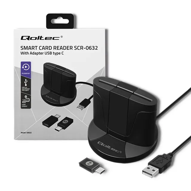 Czytnik kart chipowych ID Qoltec SCR-0632, USB 2.0 + adapter USB-C
