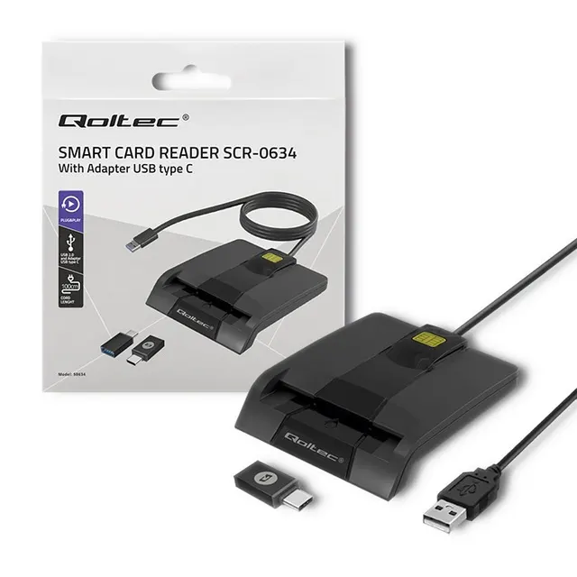 Czytnik kart chipowych ID Qoltec SCR-0634, USB 2.0 + adapter USB-C