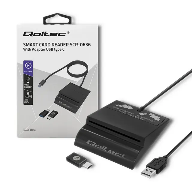 Czytnik kart chipowych ID Qoltec SCR-0636, USB 2.0 + adapter USB-C