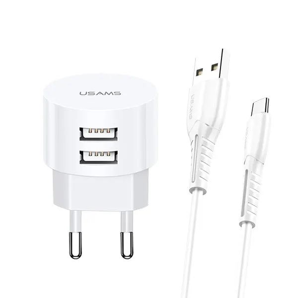 Ładowarka sieciowa Usams T20 2,1A 2xUSB+kabel microUSB - biała