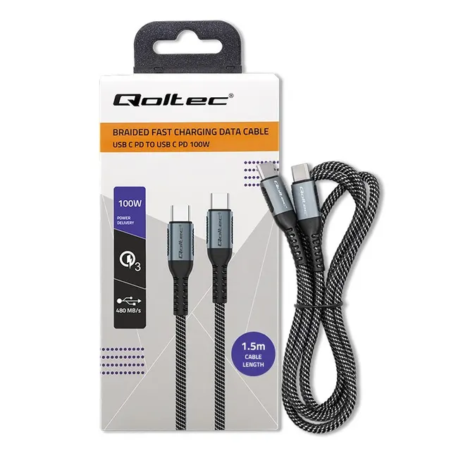 Kabel USB Qoltec 2.0 typ C, USB 2.0 typ C 100W, QC 3.0, PD, 1.5m, Czarny