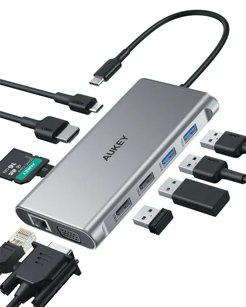 CB-C89 aluminiowy Hub USB-C, 10w1, RJ45 Ethernet 10/100/1000Mbps, 4xUSB, HDMI 4k@30Hz, SD i microSD, USB-C Power Delivery 100W