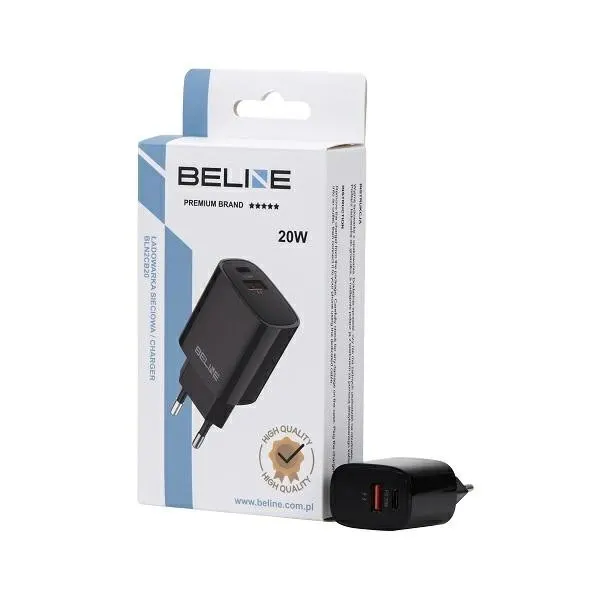 Ładowarka sieciowa Beline 20W 1xUSB-C + 1xUSB PD 3.0 QC 3.0 bez kabla - czarna