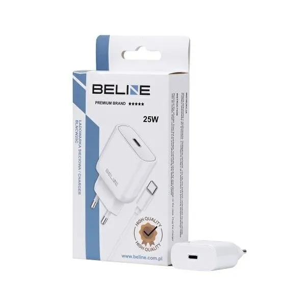 Ładowarka sieciowa Beline 25W 1xUSB-C GaN PD 3.0+kabel USB-C - biała