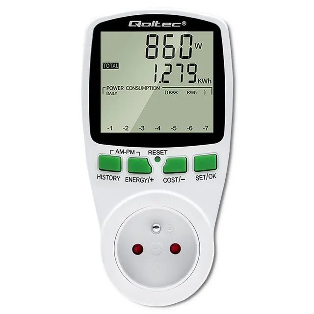 Watomierz Qoltec Licznik zużycia energii PM0627 z historią pomiaru, 3680W, 16A, LCD