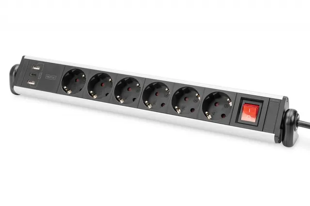 Listwa zasilająca DIGITUS biurowa 45° 6 gniazdowa 2xUSB-A 1xUSB-C (5V/3,4A) obrót 180° aluminiowa, z zaciskiem na blat