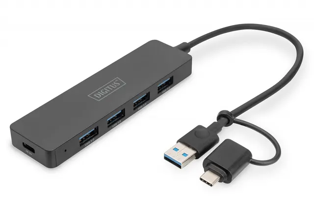 Hub USB 3.0/Koncentrator DIGITUS 4-portowy SlimLine USB A + adapter USB-C 0,2m 5Gbps złącze zasilania USB-C