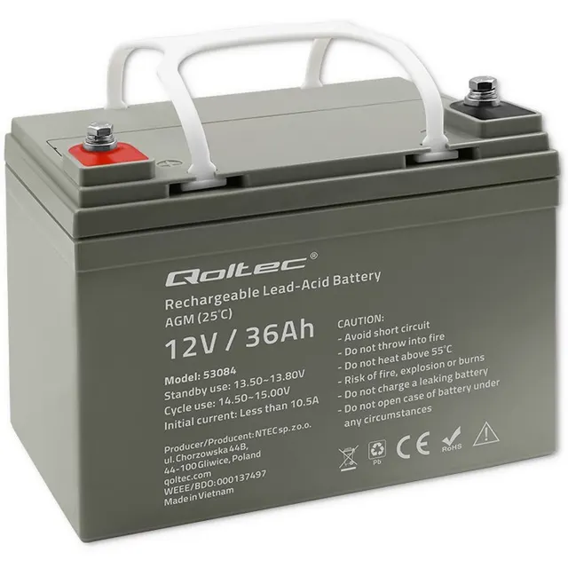Akumulator AGM Qoltec 12V, 36Ah, max.540A
