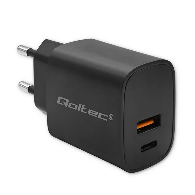 Ładowarka sieciowa Qoltec GaN POWER PRO, 1xUSB-C, 1xUSB, 30W, 5-20V, 1.5-3A, Czarna