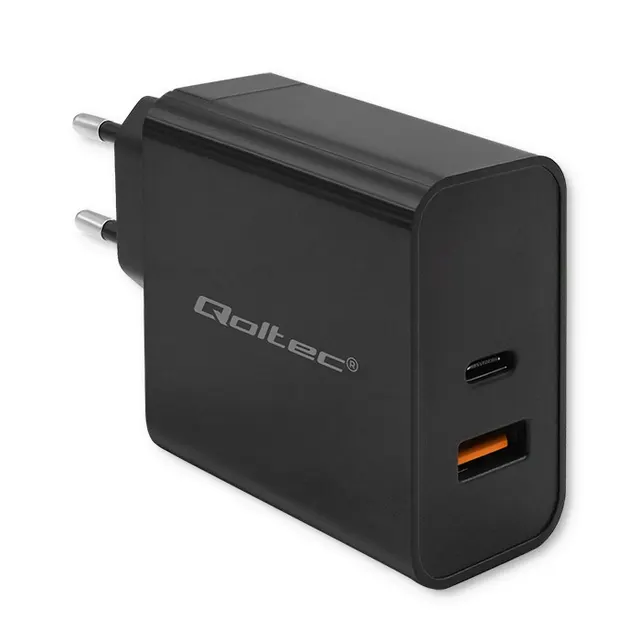 Ładowarka sieciowa Qoltec Super Quick PD, 1xUSB-C, 1xUSB, 65W, 5-20V, 1.5-3.25A, Czarna