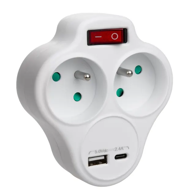 Gniazdko prądowe Maclean MCE336 E, rozgałęźnik z 2 gniazdami i USB A/C 2.4A, typu E, 2x16A
