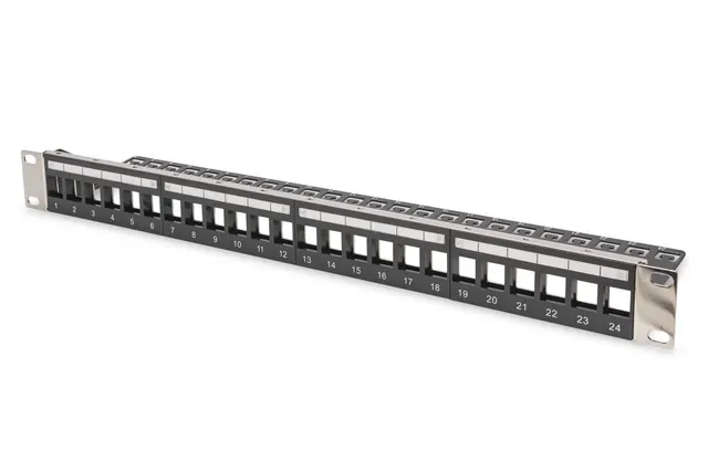 Panel krosowy (patch panel) modularny 19" 24 porty pod moduły keystone, 1U, ekranowany, prowadnica kabli, wymienne pola opisowe Czarny