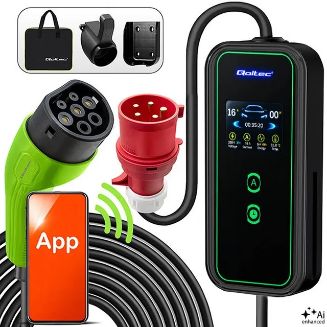 Ładowarka Qoltec do samochodu elektrycznego EV z regulacją 2w1 Typ2, 11kW, CEE 5 PIN, Wi-Fi, LCD, 3 fazy, Przenośna, Wallbox, 5m