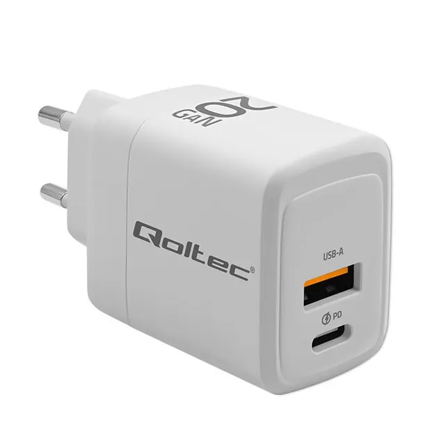 Ładowarka sieciowa Qoltec 20W GaN, 5-20V, 1.5-3A, 1xUSB-C PD, 1xUSB QC 3.0, Biała