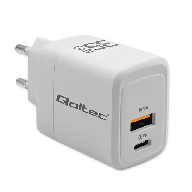 Ładowarka sieciowa Qoltec 35W GaN, 5-20V, 1.5-3A, 1xUSB-C PD, 1xUSB QC 3.0, Biała