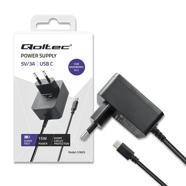 Ładowarka Qoltec Super FAST PD do Raspberry PI 4, USB-C, 15W, 5V, 3A, Czarna