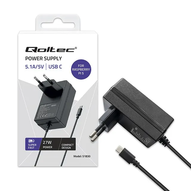 Ładowarka Qoltec Super FAST PD do Raspberry PI 5, USB-C, 27W, 5-12V, 1.8-5A, Czarny