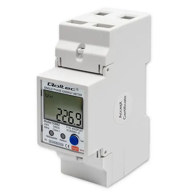 Miernik zużycia energii Qoltec na szynę DIN, jednofazowy elektroniczny licznik, 230V, LCD, Wi-Fi