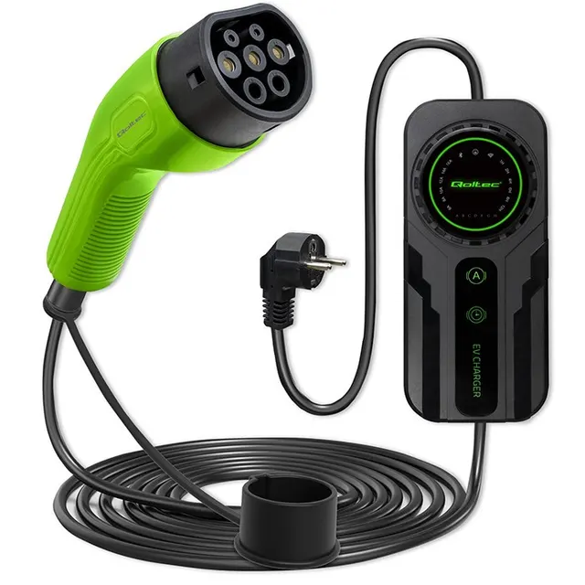 Ładowarka Qoltec do samochodu elektrycznego EV z regulacją 2w1 typ2, SCHUKO, 3.5kW, 230V, LCD, Przenośna, Wallbox, 5m