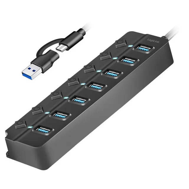 HUB USB3.2 Gen1, 7x USB-A, 7xON/OFF, czarny
