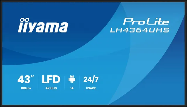 Monitor 43 cale LH4364UHS-B1AG 24/7,VA,ANDROID14,4K,500cd,4000:1,2xHDMI,USB-C,RJ45, RS-232c, IR, 2x10W, 2xUSB, UCHWYT ŚCIENNY