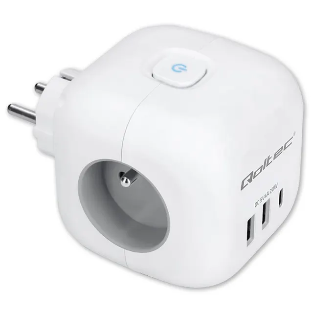 Kostka zasilająca Qoltec przedłużacz 6w1 z podświetlanym włącznikiem, 3x AC, 2x USB, 1x USB-C PD 20W, Biała