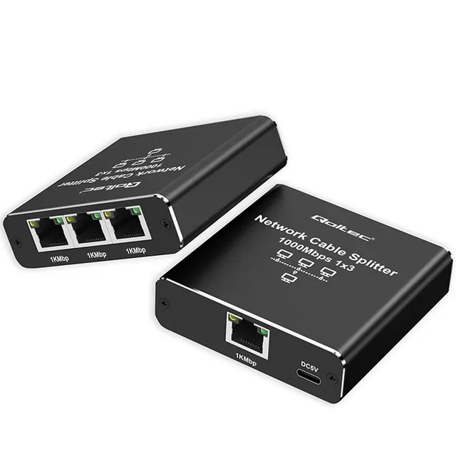 Switch niezarządzalny Qoltec mini rozdzielacz splitter 1x3 port RJ45, 1000Mbps, USB-C, Aluminium