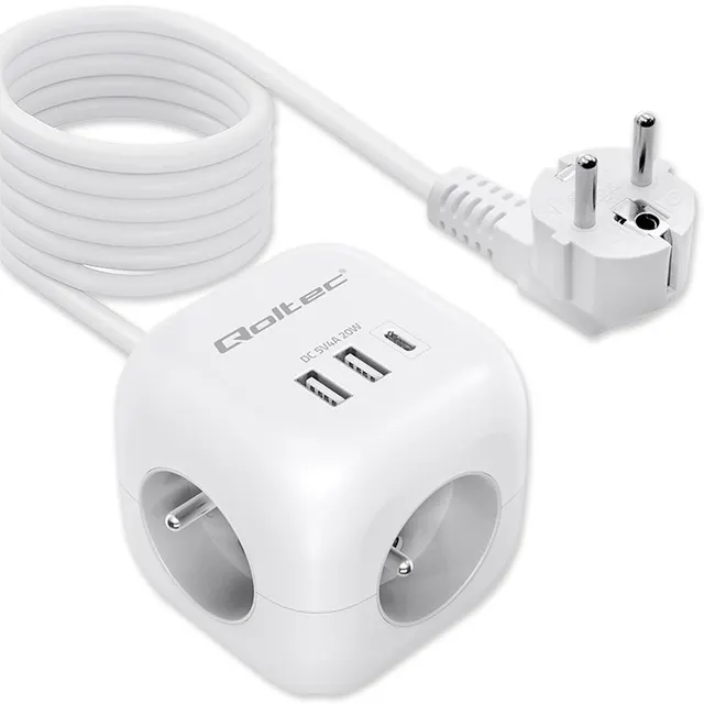 Kostka zasilająca Qoltec przedłużacz 6w1 z podświetlanym włącznikiem, 3x AC, 2x USB, 1x USB-C PD 20W, Biała, Kabel 2m