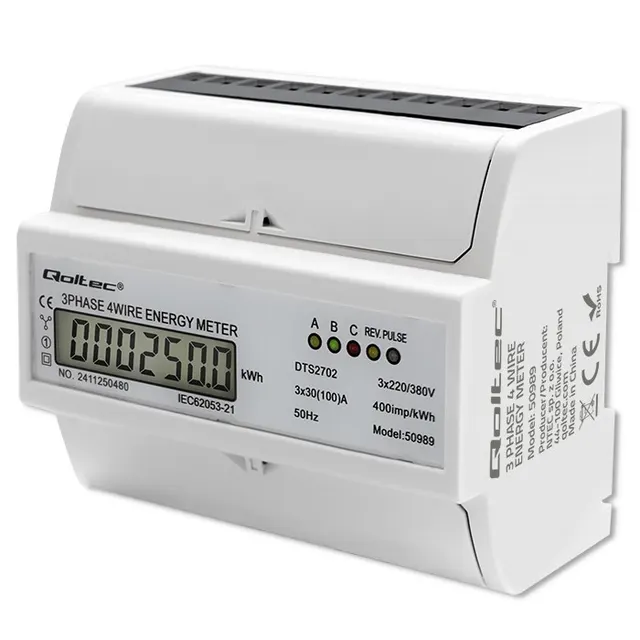 Miernik zużycia enrgii Qoltec na szynę DIN, Trójfazowy dwukierunkowy elektroniczny licznik, 400V, 100A, LCD, 4P