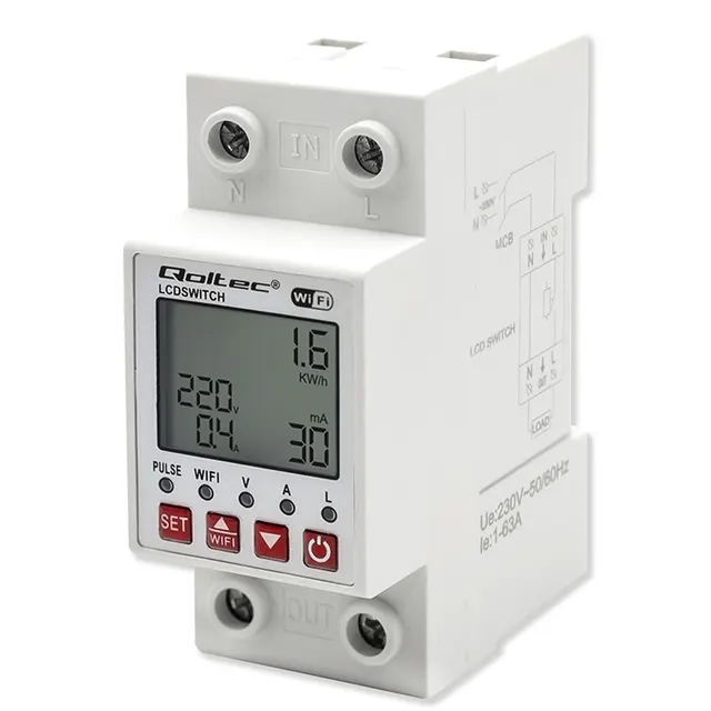 Przekaźnik Qoltec 63A na szynę DIN z licznikiem energii elektyrcznej, Timer, TUYA, Wi-Fi, LED