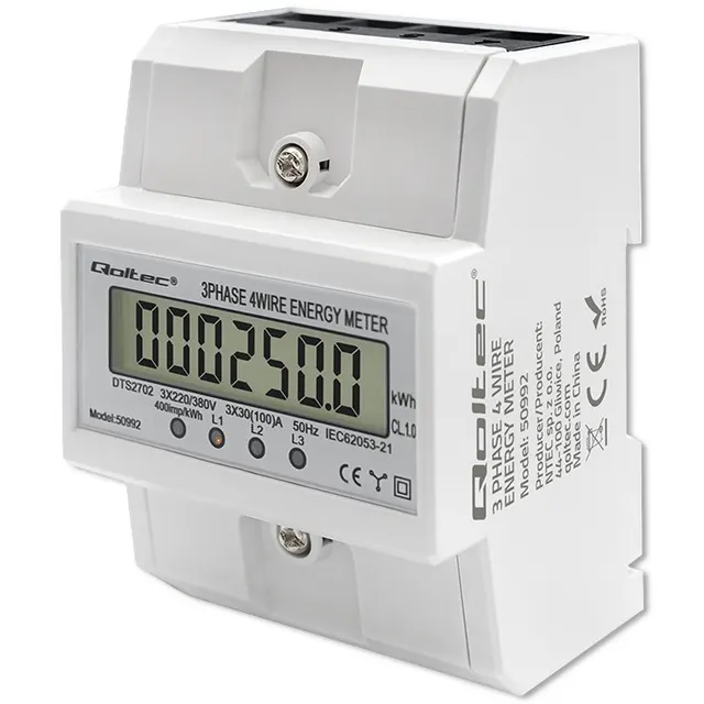 Miernik zużycia enrgii Qoltec na szynę DIN, Trójfazowy elektroniczny licznik, 400V, 100A, LCD, 4P