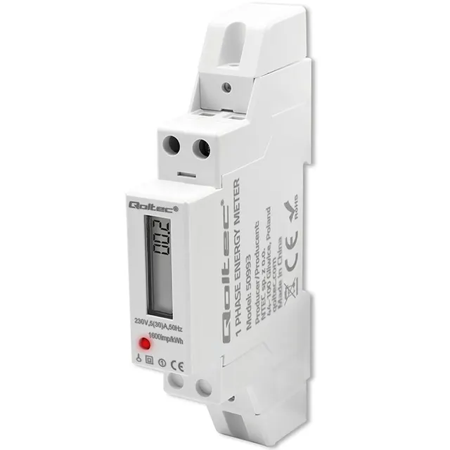Miernik zużycia energii Qoltec na szynę DIN, Jednofazowy elektroniczny licznik, 230V, 30A, LCD, 1P
